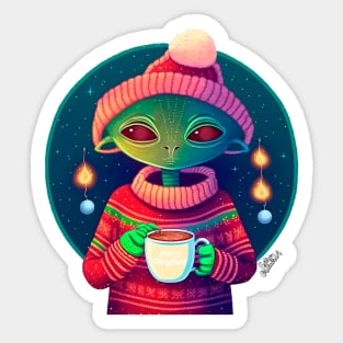 Christmas Funny Alien Drinking Coffee Wearing Sweater Sticker